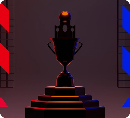 Een trofee die centraal op een sokkel staat in een schemerige ruimte, met aan weerszijden opvallende rode en blauwe diagonale strepen die een dramatische sfeer creëren