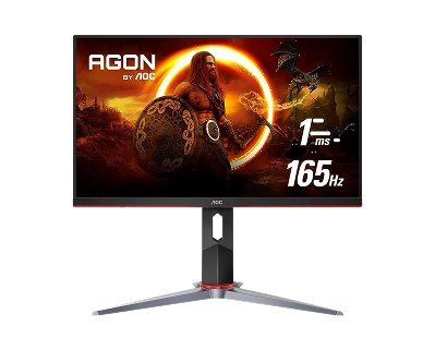 Een gamingmonitor waarop een krijger en een draak te zien zijn in een vurige scène, met de tekst „AGON by AOC“, „1 ms“ en „165 Hz“, geplaatst op een strakke, moderne voet