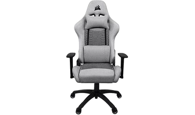 Grijze gamingstoel met ergonomisch ontwerp, hoge rugleuning en gewatteerde armleuningen. De stoel is voorzien van zwarte accenten en verstelbare ondersteuning voor extra comfort