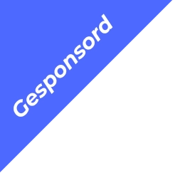 Een diagonaal gedeelde achtergrond met linksboven blauw en rechtsonder zwart. Op het blauwe gedeelte staat in witte letters “Gesponsord”.